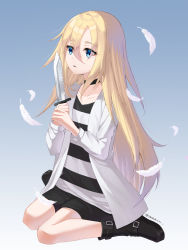 Rule 34 | 1girl, absurdres, bad id, bad pixiv id, black footwear, black shorts, blonde hair, blue background, blue eyes, boots, choker, collarbone, feathers, full body, gradient background, hair between eyes, highres, holding, holding knife, jacket, knife, long hair, long sleeves, open clothes, open jacket, open mouth, rachel gardner, sarablanche, satsuriku no tenshi, shirt, short shorts, shorts, sitting, solo, striped clothes, striped shirt, twitter username, very long hair, wariza, white background, white feathers, white jacket