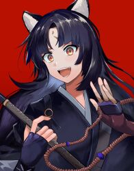 Rule 34 | 1girl, animal ears, arknights, beads, black gloves, black hair, black shirt, commentary, dog ears, dog girl, facial mark, fingerless gloves, forehead mark, gloves, highres, holding, holding sword, holding weapon, japanese clothes, long hair, looking at viewer, open mouth, orange eyes, parted bangs, prayer beads, red background, ruyu (txzy22), saga (arknights), sheath, sheathed, shirt, simple background, smile, solo, sword, teeth, upper body, waving, weapon