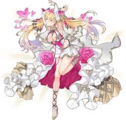 Rule 34 | 1girl, aphrodite (ark order), ark order, arms behind head, arms up, artist request, blonde hair, blush, breasts, cape, closed mouth, detached sleeves, dress, flower, full body, gold footwear, gold trim, green eyes, hair ornament, hairclip, heart, heart-shaped pupils, heart hair ornament, high heels, knee up, large breasts, leg ribbon, light, long hair, long sleeves, looking at viewer, official art, pink flower, pink rose, pink shirt, ribbon, rose, shirt, shoes, skin tight, skirt, smile, solo, standing, standing on one leg, symbol-shaped pupils, tachi-e, tiara, toe cleavage, transparent background, twintails, white cape, white dress, white shirt, white skirt