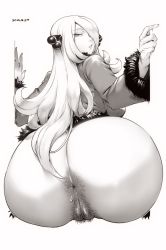 Rule 34 | 1girl, anus, ass, back, bottomless, breasts, cleft of venus, creatures (company), curvy, cynthia (pokemon), female pubic hair, from behind, game freak, hair over one eye, highres, huge ass, jacket, large breasts, lips, long hair, looking at viewer, looking back, monochrome, nintendo, orushibu, plump, pokemon, pubic hair, pussy, solo, third-party edit, uncensored, wide hips