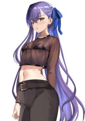 Rule 34 | 1girl, alternate costume, bad id, bad pixiv id, blue eyes, blue ribbon, blush, breasts, fate/grand order, fate (series), hair ornament, hair ribbon, kesoshirou, long hair, long sleeves, looking at viewer, meltryllis (fate), midriff, navel, parted lips, purple hair, ribbon, see-through, simple background, small breasts, solo, white background