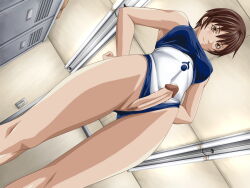 Rule 34 | 1girl, bible black, breasts, brown eyes, brown hair, competition swimsuit, from below, futanari, large breasts, nonogusa miyuki, one-piece swimsuit, penis, pussy, smile, solo, swimsuit