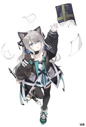 Rule 34 | 1girl, :o, animal ears, arknights, arm up, black collar, black jacket, black ribbon, black thighhighs, blue eyes, book, cat ears, cat girl, collar, dress, full body, grey hair, hair between eyes, hair ribbon, highres, holding, holding scepter, infection monitor (arknights), jacket, long hair, long sleeves, mint (arknights), open clothes, open jacket, open mouth, paper, reaching, reaching towards viewer, ribbon, scepter, soda (sod4), solo, standing, standing on one leg, thighhighs, white background, white dress