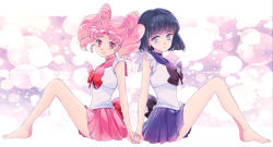 Rule 34 | 2girls, anklet, back-to-back, bad id, bad pixiv id, barefoot, bishoujo senshi sailor moon, bishoujo senshi sailor moon s, black hair, brooch, chibi usa, choker, cone hair bun, double bun, female focus, hair bun, holding hands, jewelry, magical girl, miniskirt, multiple girls, no shoes, open mouth, pink eyes, pink hair, pink skirt, pleated skirt, purple eyes, purple skirt, ribbon, sailor chibi moon, sailor collar, sailor saturn, sailor senshi, sailor senshi uniform, saki (hxaxcxk), sidelocks, skirt, smile, star brooch, symmetry, tomoe hotaru, twintails
