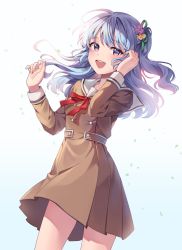 Rule 34 | 1girl, :d, absurdres, bang dream!, bare legs, blue hair, blush, brown dress, dress, dutch angle, falling leaves, feet out of frame, flower, green ribbon, hair flower, hair ornament, hair ribbon, hanasakigawa school uniform, hand in own hair, highres, leaf, long hair, long sleeves, looking at viewer, matsubara kanon, neck ribbon, one side up, open mouth, pongu, purple eyes, red ribbon, ribbon, sailor collar, school uniform, serafuku, shadow, smile, solo, standing, white background