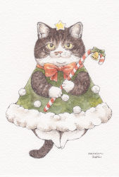 Rule 34 | animal focus, bell, bow, bowtie, candy, candy cane, cat, christmas, commentary request, dress, food, green dress, hair ornament, highres, holding, holding candy, holding candy cane, holding food, looking at viewer, mirin (mirin 4), no humans, original, painting (medium), signature, star (symbol), star hair ornament, traditional media, watercolor (medium)