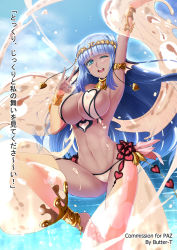 Rule 34 | 1girl, ;d, anklet, apsara (monster girl encyclopedia), aqua eyes, arabian clothes, arm up, armpits, bare shoulders, barefoot, belly dancer, blue hair, blunt bangs, blush, breasts, butter-t, check translation, circlet, cleavage, covered erect nipples, dancer, dark-skinned female, dark skin, elemental (creature), feathers, feet, fins, happy, harem outfit, harem pants, head fins, heart, huge breasts, jewelry, large breasts, long hair, looking at viewer, monster girl encyclopedia, monster girl encyclopedia ii, navel, nipples, one eye closed, open mouth, pants, see-through, smile, solo, translated, translation request, wink