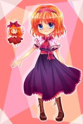 Rule 34 | 1girl, alice margatroid, blonde hair, blue eyes, blush, boots, brown footwear, capelet, clothes, doll, female focus, flying, full body, knee boots, looking at viewer, necktie, orange hair, red necktie, sakurano, shanghai doll, short hair, size difference, solo, standing, touhou