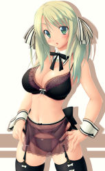 Rule 34 | 1girl, blonde hair, blush, bra, breasts, cleavage, garter belt, green eyes, ishii akira, lace, large breasts, lingerie, long hair, maid, original, panties, ribbon, see-through, solo, stomach, thighhighs, twintails, underwear, underwear only, uniform, wrist cuffs
