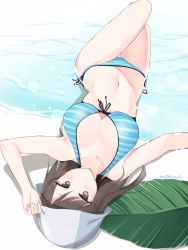 Rule 34 | 10s, 1girl, bare shoulders, bikini, blue bikini, blue hat, blush, breasts, brown eyes, brown hair, cleavage, front-tie bikini top, front-tie top, girls und panzer, hat, highres, large breasts, leaf, long hair, looking at viewer, lying, mika (girls und panzer), muteki soda, navel, on back, side-tie bikini bottom, signature, smile, solo, striped bikini, striped clothes, swimsuit, upside-down, water
