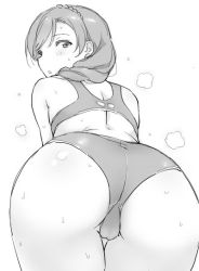 Rule 34 | 1girl, ass, ass focus, back, bent over, blush, bra, braid, braided ponytail, cameltoe, crown braid, duke (inu daimyou), from behind, greyscale, hair over shoulder, looking at viewer, looking back, love live!, love live! school idol project, monochrome, panties, parted lips, single braid, solo, sweat, tojo nozomi, underwear, underwear only