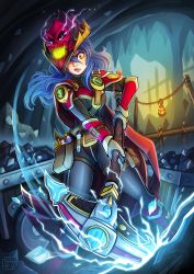 Rule 34 | 1girl, absurdres, armor, bag, blue hair, boot knife, boots, breasts, cape, commentary, commission, dang (runescape), duellist&#039;s cap (tier 6), ear piercing, electricity, english commentary, furrowed brow, glowing, glowing eyes, glowing mouth, hat over one eye, highres, long hair, looking down, medium breasts, mine, minecart, mining, n0biting, oil lamp, pickaxe, pickaxe of earth and song, piercing, plate armor, potion, runescape, satchel, shiny clothes, shoulder armor, skull, solo, stalactite, underground, vambraces, weapon, yellow eyes
