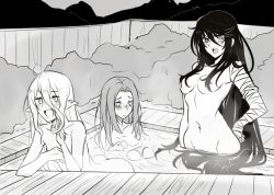 Rule 34 | 3girls, ass, bandaged arm, bandages, bath, bathing, black hair, blush, breasts, eleanor hume, fang, female focus, hair censor, hand on own hip, large breasts, long hair, magilou (tales), monochrome, multiple girls, nature, navel, nude, open mouth, outdoors, plant, pointy ears, tales of (series), tales of berseria, velvet crowe, very long hair