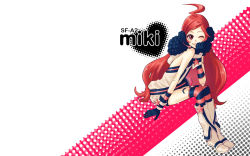 Rule 34 | 1girl, ahoge, android, bad id, bad pixiv id, belt, boots, cup, dress, gloves, headphones, headset, highres, kneehighs, long hair, one eye closed, red eyes, red hair, sf-a2 miki, smile, socks, solo, star (symbol), striped clothes, striped gloves, striped socks, vocaloid, wallpaper, wink, wrist cuffs, yunomi, yunomi (yunomi imonuy)