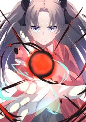 Rule 34 | 1girl, black hair, blue eyes, brown hair, casting spell, fate/stay night, fate (series), firing, gandr, hair ribbon, highres, long hair, long sleeves, looking at viewer, open mouth, ribbon, skirt, solo, tohsaka rin, twintails, two side up, umi endu