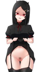 Rule 34 | 1girl, absurdres, black hair, black thighhighs, cleft of venus, clothes lift, cowboy shot, female pubic hair, garter belt, hair ornament, highres, lifted by self, looking at viewer, navel, neck ribbon, no panties, open mouth, original, pubic hair, puffy short sleeves, puffy sleeves, pussy, red eyes, red ribbon, ribbon, shaded face, short sleeves, simple background, skirt, skirt lift, solo, teeth, thighhighs, upper teeth only, white background, x hair ornament, z.taiga