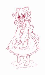 Rule 34 | 1girl, apron, azukilib, back bow, blush, bow, character request, dress, embarrassed, female focus, flat chest, full body, hair between eyes, hair bow, juliet sleeves, long sleeves, looking at viewer, monochrome, nose blush, peeing, peeing self, pigeon-toed, puddle, puffy sleeves, sash, short hair, side ponytail, simple background, solo, standing, wet, wet clothes, white background