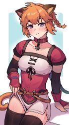 Rule 34 | 1girl, :3, absurdres, animal ears, black thighhighs, blush, braid, cat ears, cat girl, cat tail, clothes lift, collar, fingerless gloves, fire emblem, fire emblem: radiant dawn, gloves, highres, lyre (fire emblem), nintendo, orange hair, purple eyes, simple background, sitting, solo, tail, thighhighs, wersman