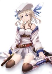 Rule 34 | 10s, 1girl, bare shoulders, belt, belt skirt, beret, between breasts, black thighhighs, blonde hair, blue ribbon, boots, breasts, closed mouth, cucouroux (granblue fantasy), detached sleeves, dress, granblue fantasy, green eyes, hair ribbon, hat, long hair, long sleeves, looking at viewer, marusan, medium breasts, over-kneehighs, ribbon, short dress, sitting, smile, solo, strap between breasts, thighhighs, twintails, wariza, white background, white dress, white footwear, zettai ryouiki