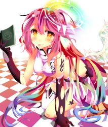 Rule 34 | 10s, 1girl, book, crop top, feathers, female focus, gyahu, halo, highres, jibril (no game no life), long skirt, looking at viewer, midriff, no game no life, shirt, side slit, skirt, solo, wings