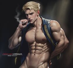 Rule 34 | 1boy, abs, animal print, blonde hair, blue shirt, brown eyes, cigarette, collared shirt, highres, holding, holding cigarette, jujutsu kaisen, leopard print, lips, looking at viewer, male focus, muscular, muscular male, nanami kento, necktie, parted lips, pectorals, pubic hair, shirt, short hair, smoking, solo, upper body, urielbeaupre15, yellow necktie