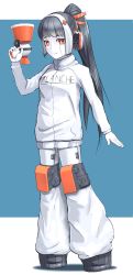 Rule 34 | 1girl, absurdres, android, arm at side, arm up, black hair, blue background, colored skin, commentary request, english text, full body, highres, hispol (04-uma-alpha), long hair, looking at viewer, megaphone, orange eyes, original, ponytail, science fiction, shirt, solo, standing, two-tone background, white background, white shirt, white skin