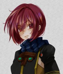 Rule 34 | 1girl, bad id, bad twitter id, breasts, commentary request, grey background, hair between eyes, highres, looking at viewer, nel zelpher, red hair, scarf, short hair, solo, star ocean, star ocean till the end of time, striped clothes, striped scarf
