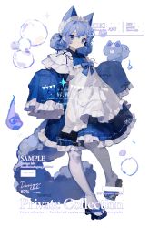 Rule 34 | 1girl, :|, absurdres, animal ears, blue eyes, blue hair, bubble, cat ears, closed mouth, crossed bangs, english text, frills, full body, hair between eyes, highres, kikihuihui, looking at viewer, maid headdress, original, pantyhose, sandals, short hair, solo, standing, translation request, white background, white pantyhose, wide sleeves