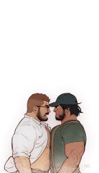 Rule 34 | 2boys, absurdres, bara, bare pectorals, baseball cap, black hair, brown hair, closed mouth, facial hair, glasses, green shirt, hat, highres, large pectorals, looking at another, male focus, multiple boys, muscular, muscular male, nipples, open clothes, open mouth, open shirt, original, pectorals, shirt, short hair, simple background, suspenders, white background, white shirt, youtian (youtiange)