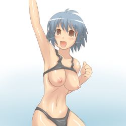 Rule 34 | 1girl, :d, aaaa (quad-a), arm up, armpits, bad id, bad pixiv id, bare shoulders, blue hair, blush, breasts, brown eyes, clothes lift, collarbone, female focus, gradient background, grey hair, highres, large breasts, looking at viewer, navel, nipples, open mouth, original, shiny skin, shirt lift, short hair, simple background, sketch, smile, solo, tank top, thong, underwear, wardrobe malfunction