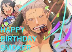 Rule 34 | chacoma, cigar, confetti, flustered, gift, hair slicked back, highres, male focus, one piece, red eyes, scar, scar on face, smoker (one piece), smoking, solo focus, tashigi, white hair