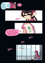 Rule 34 | 1girl, airport, ankle boots, beanie, black footwear, black hair, black shorts, boots, callie (splatoon), casual, cellphone, closed eyes, earrings, english text, gomipomi, hat, highres, himekaidou hatate, holding, holding phone, inkling, jacket, jewelry, long hair, long sleeves, mask, mole, mole under eye, nintendo, open clothes, open jacket, parted lips, phone, pink shirt, pointy ears, purple hat, purple jacket, shirt, shorts, sitting, solo, squid, squidbeak splatoon, sweatdrop, talking on phone, tentacle hair