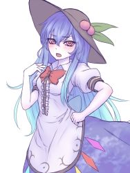 Rule 34 | 1girl, black hat, blue hair, blush, buttons, collared shirt, food, fruit, hair between eyes, hat, hinanawi tenshi, long hair, miata (miata8674), neck ribbon, open mouth, peach, puffy short sleeves, puffy sleeves, rainbow order, red eyes, red ribbon, ribbon, shirt, short sleeves, simple background, solo, touhou, upper body, white background, white shirt