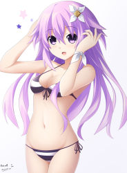 Rule 34 | 10s, 1girl, :3, :d, adult neptune, alternate costume, arms up, artist name, bare arms, bare shoulders, bikini, black ribbon, blush, breasts, cleavage, comic, cowboy shot, d-pad, female focus, flower, front-tie bikini top, front-tie top, hair between eyes, hair flower, hair ornament, keenh, long hair, looking at viewer, medium breasts, navel, neptune (neptunia), neptune (series), open mouth, purple eyes, purple hair, ribbon, shin jigen game neptune vii, side-tie bikini bottom, simple background, smile, solo, standing, stomach, straight hair, strap gap, string bikini, striped bikini, striped clothes, swimsuit, tareme, thigh gap, white background, wristband