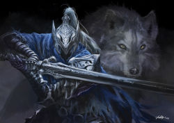 Rule 34 | 1boy, animal, armor, artorias the abysswalker, black background, blue cape, cape, commentary, dark souls (series), dark souls i, english commentary, faceless, faceless male, facing viewer, fadly romdhani, fighting stance, gauntlets, great grey wolf sif, greatsword, helmet, holding, holding sword, holding weapon, knight, looking at viewer, male focus, pauldrons, plume, shoulder armor, signature, sword, upper body, weapon, wolf