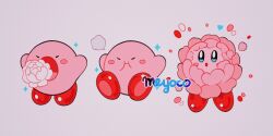 Rule 34 | :i, artist name, blush, blush stickers, closed eyes, copy ability, flower, grey background, heart, highres, kirby, kirby (series), meyoco, nintendo, no humans, peony (flower), pink flower, simple background, sparkle