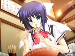 Rule 34 | 1girl, aqua eyes, blue hair, braid, chopsticks, eating, food, game cg, iizuki tasuku, kaguyama azami, noodles, school uniform, shiden enkan no kizuna, solo