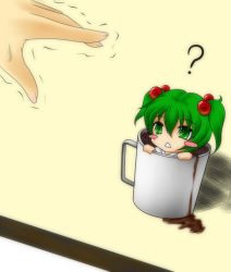 Rule 34 | 1girl, bad id, bad pixiv id, blush, blush stickers, cup, female focus, green eyes, green hair, hair bobbles, hair ornament, in container, in cup, kisume, matching hair/eyes, mini person, minigirl, nue (artist), short hair, so moe i&#039;m gonna die!, solo, sweatdrop, tora tsugumi (nue1114), touhou, trembling, twintails
