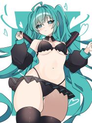 Rule 34 | 1girl, absurdres, ahoge, alternate costume, aqua background, aqua eyes, aqua hair, bikini, black bikini, black collar, black sleeves, black thighhighs, blush, breasts, breasts apart, check clothing, closed mouth, coco irasuto, collar, collarbone, cowboy shot, detached collar, detached sleeves, eyelashes, frilled bikini, frills, gluteal fold, hair intakes, hair ornament, hands up, hatsune miku, heart, highres, long hair, long sleeves, looking at viewer, medium breasts, midriff, navel, sidelocks, skindentation, sleeves past wrists, solo, standing, stomach, swimsuit, thighhighs, transparent background, twintails, two-tone background, very long hair, vocaloid