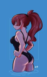 Rule 34 | 1girl, amazu (kurozu), ass, backless swimsuit, bare arms, bare shoulders, black one-piece swimsuit, blue background, breasts, commentary, competition swimsuit, from side, hair between eyes, hands on own hips, highres, long hair, medium breasts, one-piece swimsuit, original, ponytail, profile, red eyes, red hair, signature, solo, swimsuit, symbol-only commentary, water, wet