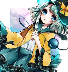 Rule 34 | 1girl, blue eyes, green hair, hat, heart, heart-shaped pupils, heart in eye, highres, knife, komeiji koishi, long sleeves, open mouth, smile, solo, stitched, stitches, suzune hapinesu, symbol-shaped pupils, symbol in eye, third-party edit, third eye, touhou