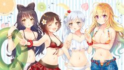 Rule 34 | 4girls, :o, ;d, ahoge, arm grab, bikini, bikini skirt, black bow, blake belladonna, blonde hair, blue eyes, blue hair, blue shorts, blush, bow, bracelet, breasts, brown eyes, cleavage, collarbone, floating hair, flower, groin, hair between eyes, hair bow, hair flower, hair ornament, hairclip, innertube, jewelry, large breasts, long hair, looking at viewer, medium breasts, multiple girls, navel, necklace, one eye closed, open clothes, open mouth, open shorts, purple eyes, red bikini, red flower, red scrunchie, red skirt, ruby rose, rwby, scrunchie, serino itsuki, short hair, shorts, side ponytail, sideboob, silver hair, skirt, small breasts, smile, standing, striped background, striped bikini, striped clothes, swim ring, swimsuit, transparent, v, very long hair, weiss schnee, white bikini, white flower, wrist scrunchie, yang xiao long, yellow eyes