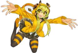 Rule 34 | 1girl, animal costume, antenna hair, blonde hair, flying, full body, green hair, headphones, highres, hood, hooded jacket, itsumo nokoru, jacket, looking at viewer, miniskirt, original, outstretched arms, skirt, solo, speaker, spread arms, striped clothes, striped thighhighs, teeth, thighhighs, transparent background, upper teeth only, yellow eyes, yellow theme