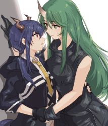 Rule 34 | 2girls, arknights, arm around waist, black gloves, blouse, blue hair, blush, ch&#039;en (arknights), chinese commentary, collared shirt, commentary request, dragon horns, face-to-face, fingerless gloves, gloves, green eyes, green hair, hair between eyes, highres, holding another&#039;s wrist, horns, hoshiguma (arknights), kabedon, long hair, mabing, multiple girls, open mouth, red eyes, shirt, skin-covered horns, sleeveless, sleeveless shirt, sweat, yellow neckwear, yuri