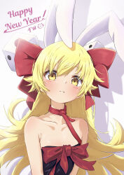 Rule 34 | 1girl, absurdres, animal ears, bare shoulders, blonde hair, bow, chinese zodiac, closed mouth, collar, dice, drawdream1025, fake animal ears, fang, fang out, hair bow, happy new year, highres, long hair, looking at viewer, monogatari (series), new year, oshino shinobu, petite, portrait, rabbit ears, red bow, shadow, simple background, solo, strapless, swept bangs, vampire, white background, year of the rabbit, yellow eyes