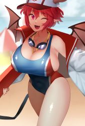 Rule 34 | 1girl, asymmetrical bangs, baseball cap, beach, beach umbrella, blurry, blurry background, breasts, cleavage, competition swimsuit, demon girl, dress, feet out of frame, guardian tales, hat, highres, holding, jacket, large breasts, lifeguard yuze, looking at viewer, manjin512, one-piece swimsuit, one eye closed, open clothes, open jacket, open mouth, pointy ears, red eyes, red hair, red wings, short hair, swimsuit, thighs, tight clothes, tight dress, umbrella, wings