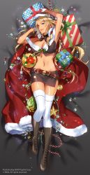 Rule 34 | 00s, 10s, 1girl, adapted costume, alternate costume, armpits, arms up, beads, belt, blonde hair, blue eyes, boots, box, breasts, brown footwear, cape, christmas, cleavage, cross-laced footwear, from above, full body, fur trim, garter straps, gem, gift, gift box, highres, knee boots, lace-up boots, large breasts, long hair, looking at viewer, lydia agute, lying, midriff, miniskirt, murakami yuichi, navel, on back, open mouth, santa costume, senjou no valkyria, senjou no valkyria (series), senjou no valkyria 3, skirt, solo, thighhighs, watermark, white thighhighs, zettai ryouiki