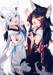Rule 34 | 2girls, :d, ahoge, animal ears, bare shoulders, bell, black hair, black shirt, black skirt, black sleeves, black vs white, blue neckerchief, claw pose, commentary request, detached sleeves, fang, fox ears, fox girl, fox tail, green eyes, hair between eyes, hair ornament, highres, hololive, jingle bell, long hair, long sleeves, looking at viewer, low-tied long hair, multicolored hair, multiple girls, nagishiro mito, neckerchief, ookami mio, ookami mio (1st costume), open mouth, pleated skirt, red hair, red neckerchief, sailor collar, shirakami fubuki, shirakami fubuki (1st costume), shirt, simple background, skirt, sleeveless, sleeveless shirt, sleeves past wrists, smile, streaked hair, tail, v-shaped eyebrows, very long hair, virtual youtuber, white background, white hair, white sailor collar, white shirt, white sleeves, wide sleeves, wolf ears, wolf girl, wolf tail, yellow eyes