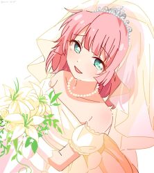 Rule 34 | 1girl, bare shoulders, blue eyes, blunt bangs, blush, bouquet, breasts, bridal veil, dress, flower, gloves, highres, holding, holding bouquet, jewelry, lily (flower), looking at viewer, medium breasts, necklace, nnn yryr, open mouth, pearl necklace, pink hair, simple background, sleeve cuffs, smile, solo, strapless, strapless dress, tears, tiara, veil, wedding dress, white background, white dress, white flower, white gloves, white veil, yoshikawa chinatsu, yuru yuri