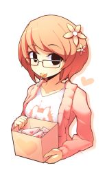 Rule 34 | 1girl, black eyes, blush, box, breasts, brown hair, candy, collarbone, fizintine, flower, food, glasses, hair flower, hair ornament, heart, holding, holding box, letter, lollipop, long sleeves, looking at viewer, love letter, luna (fizintine), original, pink sweater, rectangular eyewear, shirt, short hair, small breasts, solo, sweater, swept bangs, upper body, white background, white shirt